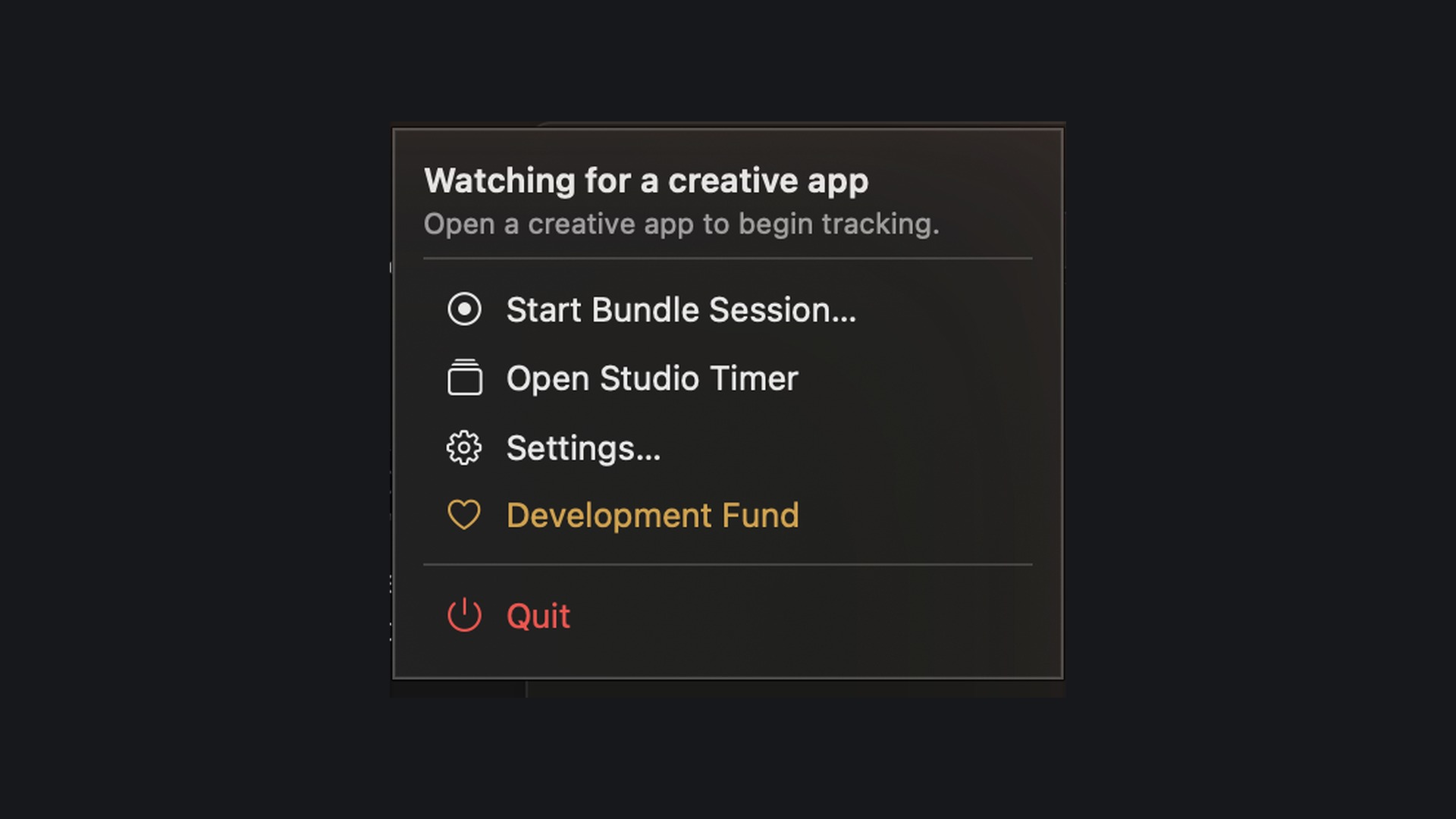 Studio Timer menu — Start Bundle Session