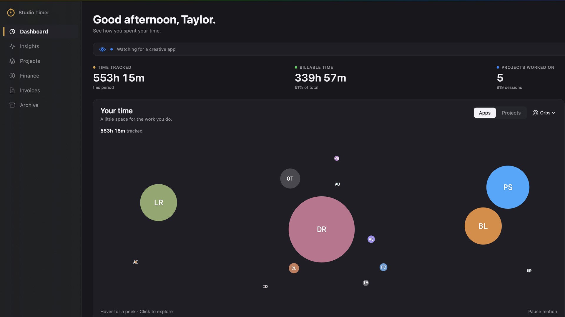 Studio Timer dashboard — Your time shown as floating orbs